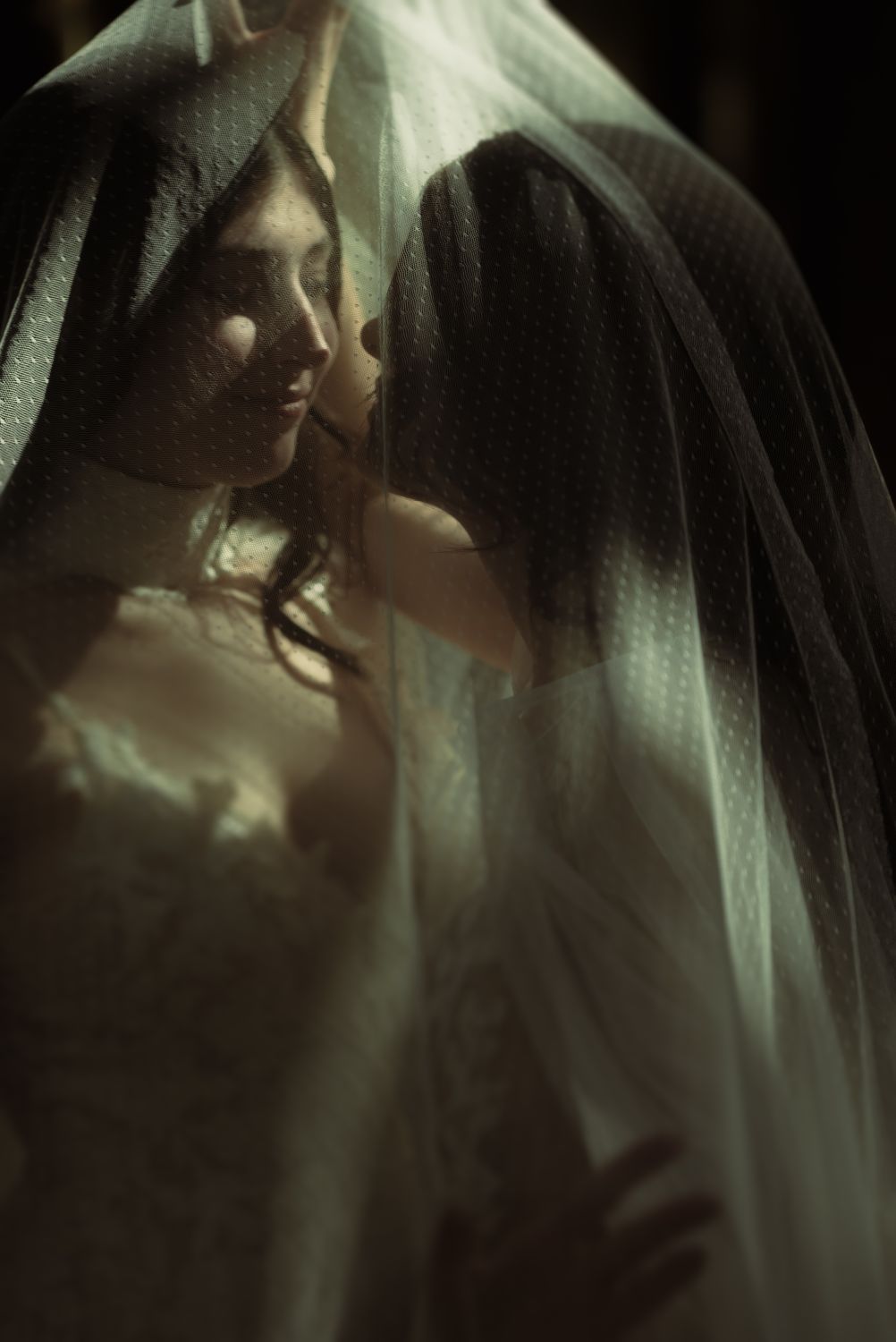 Nachaufnahme von zwei Braeuten, die sich unter einem transparenten, gepunkteten Schleier innig anblicken, in weichem Licht und Schatten